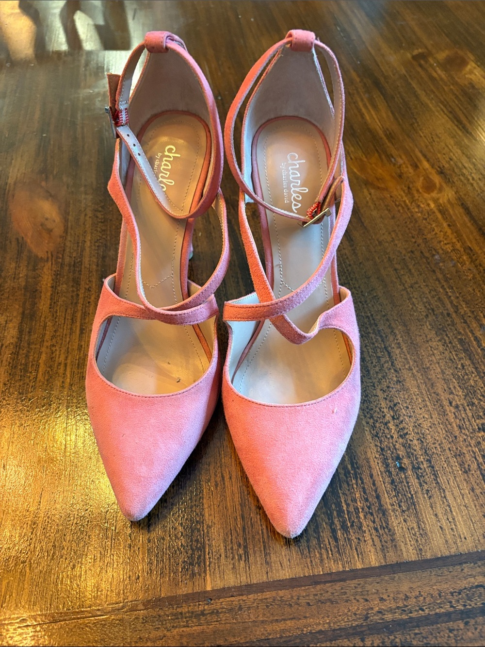 Charles by Charles David Coral Pink Suede Strappy Pointed-Toe Heels - Picture 7 of 7